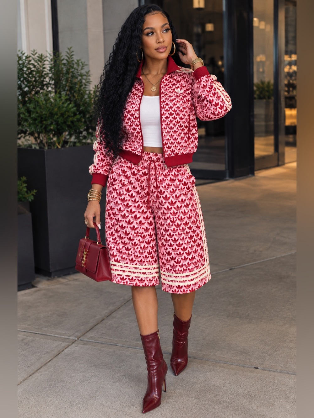 Adidas Pink, Red &White Printed Track Set-Jacket:Size M Shorts:Size S